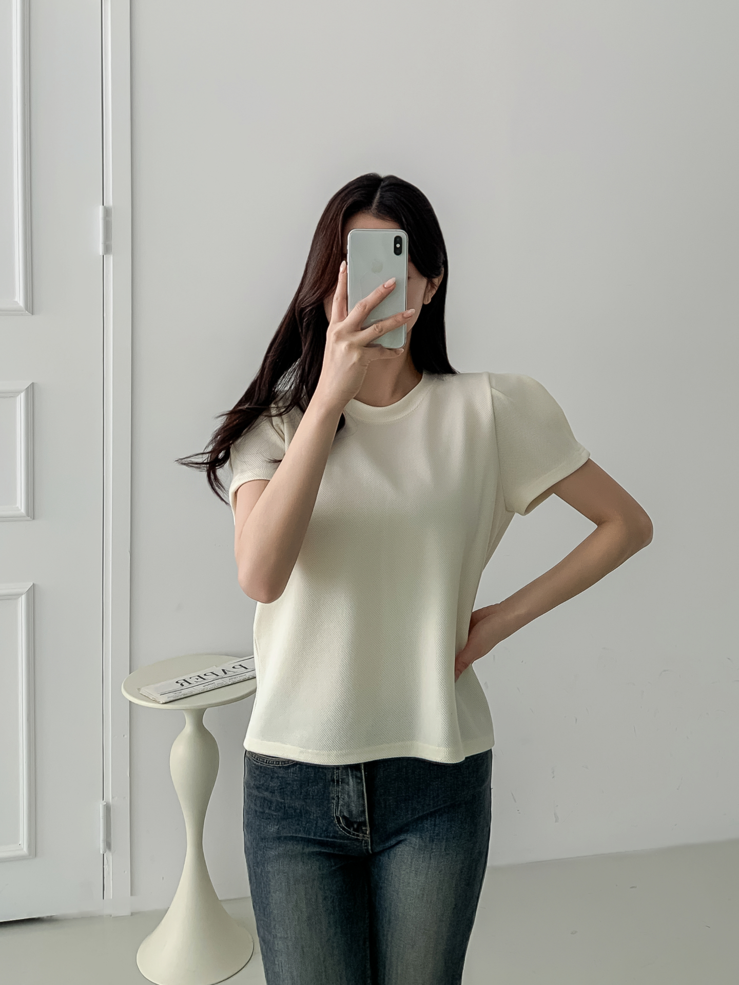 ラウンドネックベーシックパフスリーブ半袖無地ブラウス | 詳細画像16