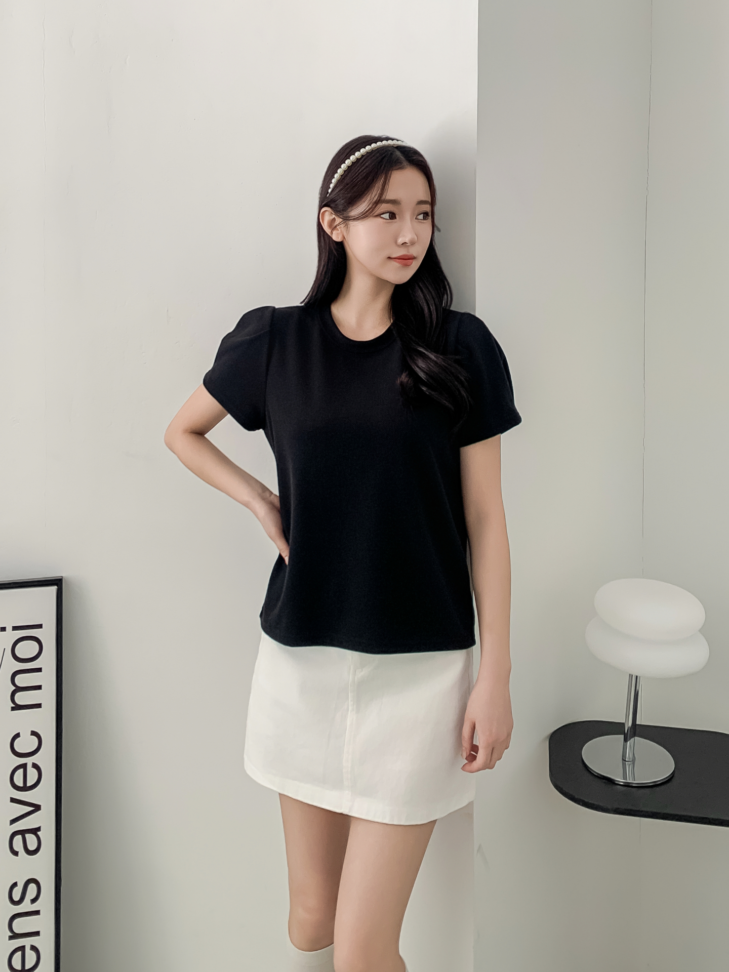 ラウンドネックベーシックパフスリーブ半袖無地ブラウス | 詳細画像17