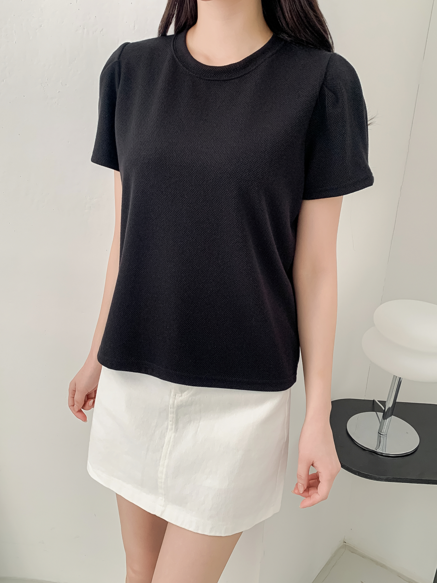 ラウンドネックベーシックパフスリーブ半袖無地ブラウス | 詳細画像20