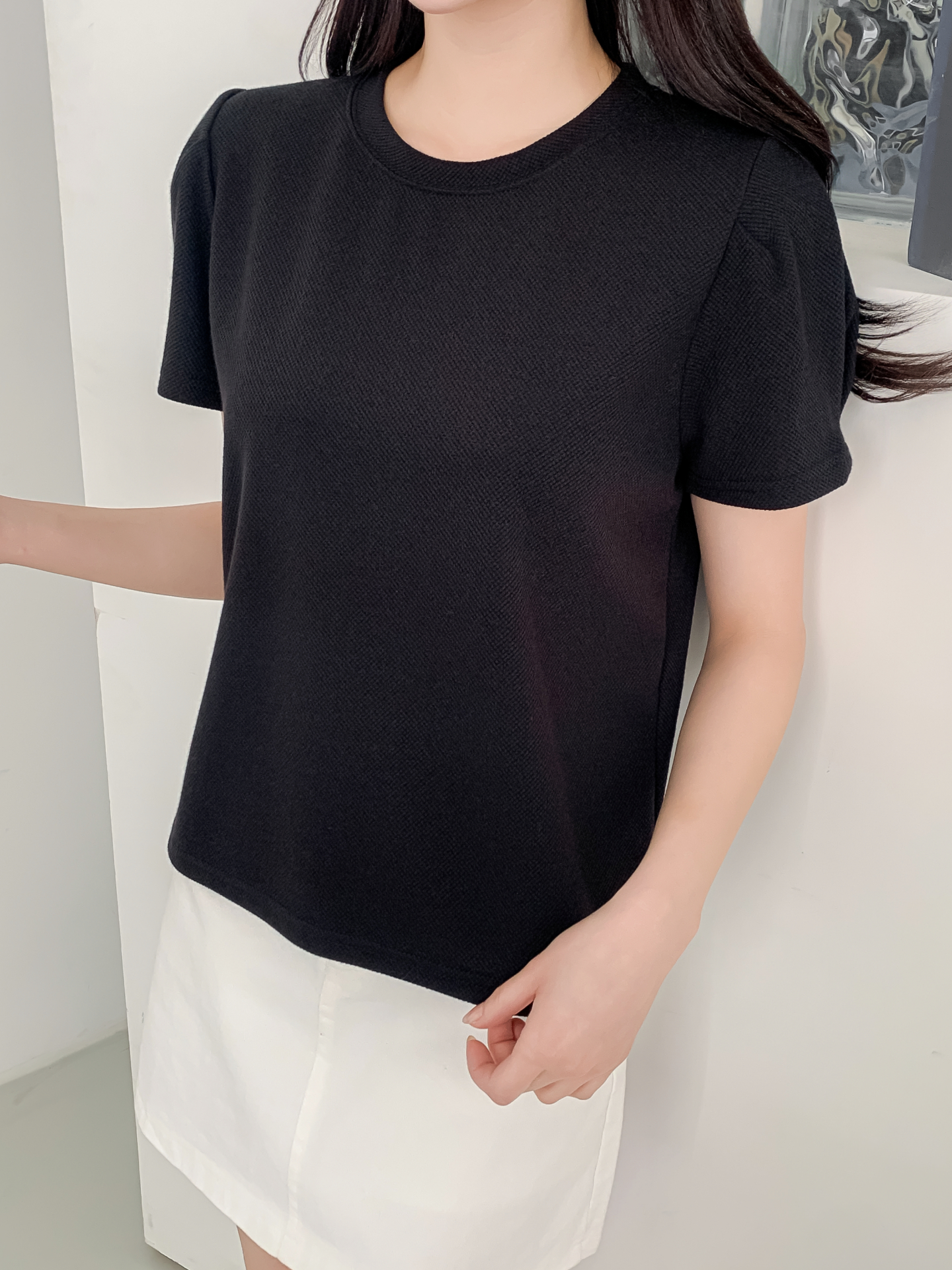 ラウンドネックベーシックパフスリーブ半袖無地ブラウス | 詳細画像23