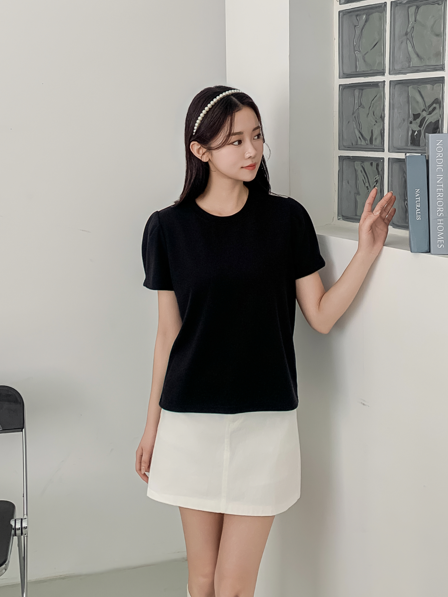 ラウンドネックベーシックパフスリーブ半袖無地ブラウス | 詳細画像24