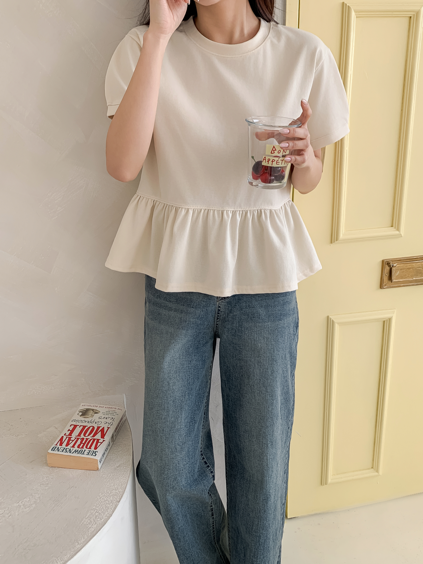 ラウンドネックパフスリーブルーズ半袖ギャザーフレアセミクロップド無地ブラウス | 詳細画像6