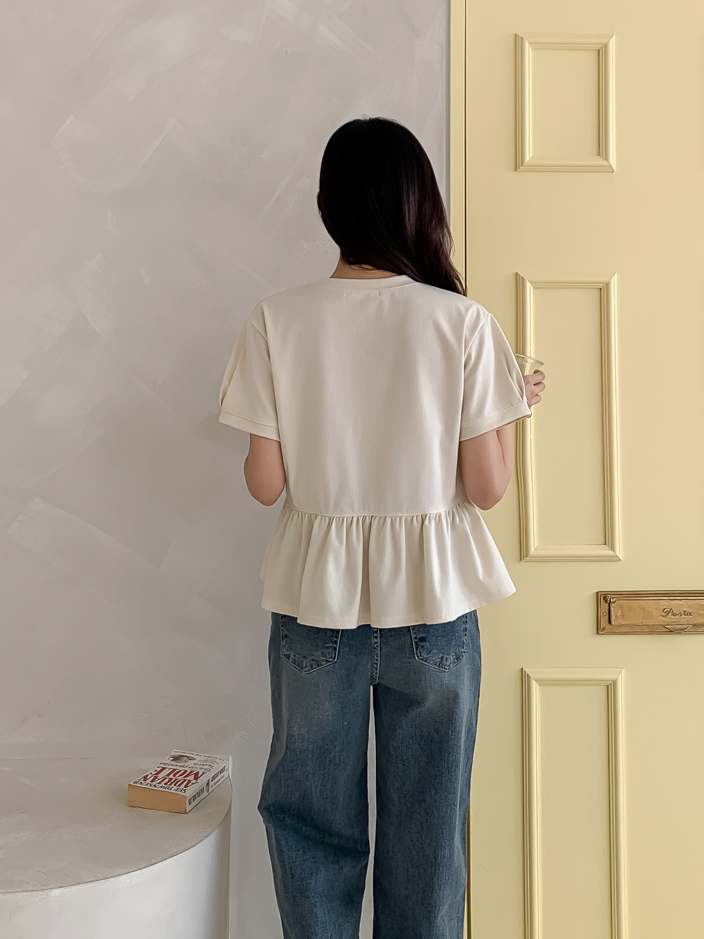 ラウンドネックパフスリーブルーズ半袖ギャザーフレアセミクロップド無地ブラウス | 詳細画像8