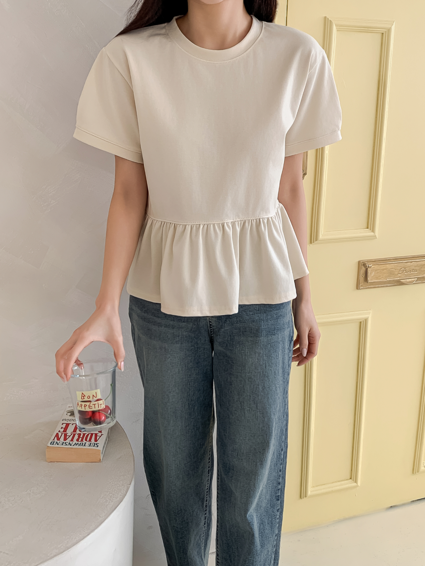 ラウンドネックパフスリーブルーズ半袖ギャザーフレアセミクロップド無地ブラウス | 詳細画像11