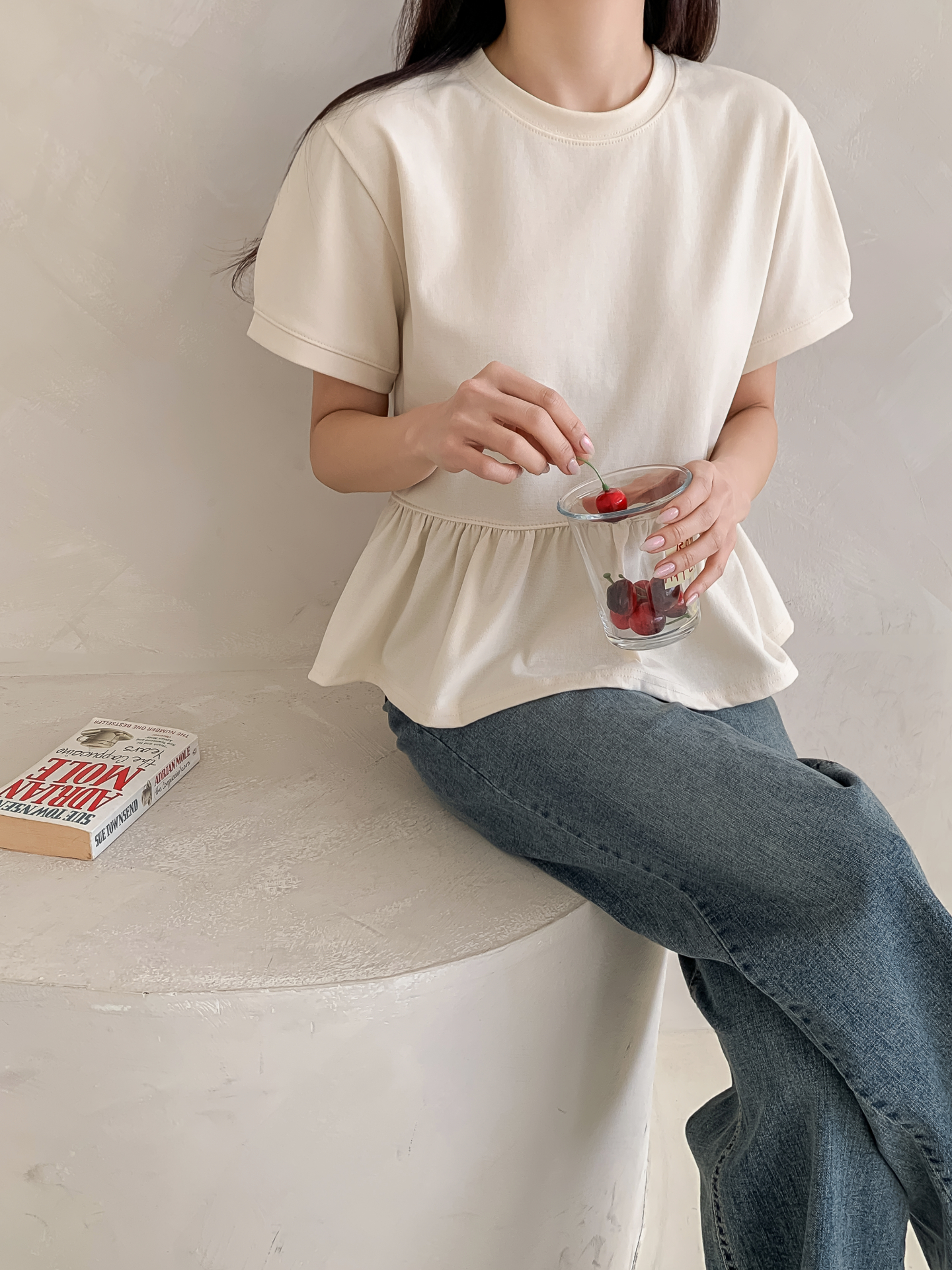 ラウンドネックパフスリーブルーズ半袖ギャザーフレアセミクロップド無地ブラウス | 詳細画像12