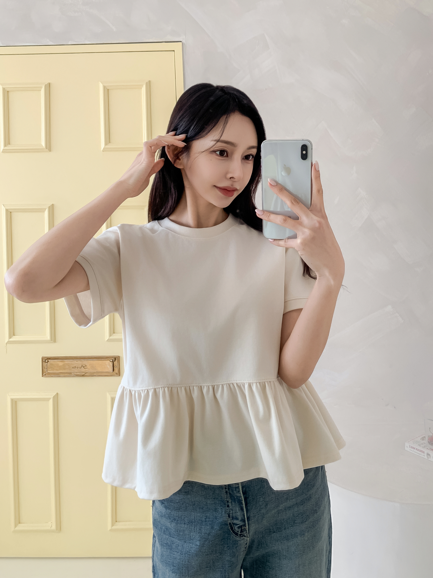 ラウンドネックパフスリーブルーズ半袖ギャザーフレアセミクロップド無地ブラウス | 詳細画像14