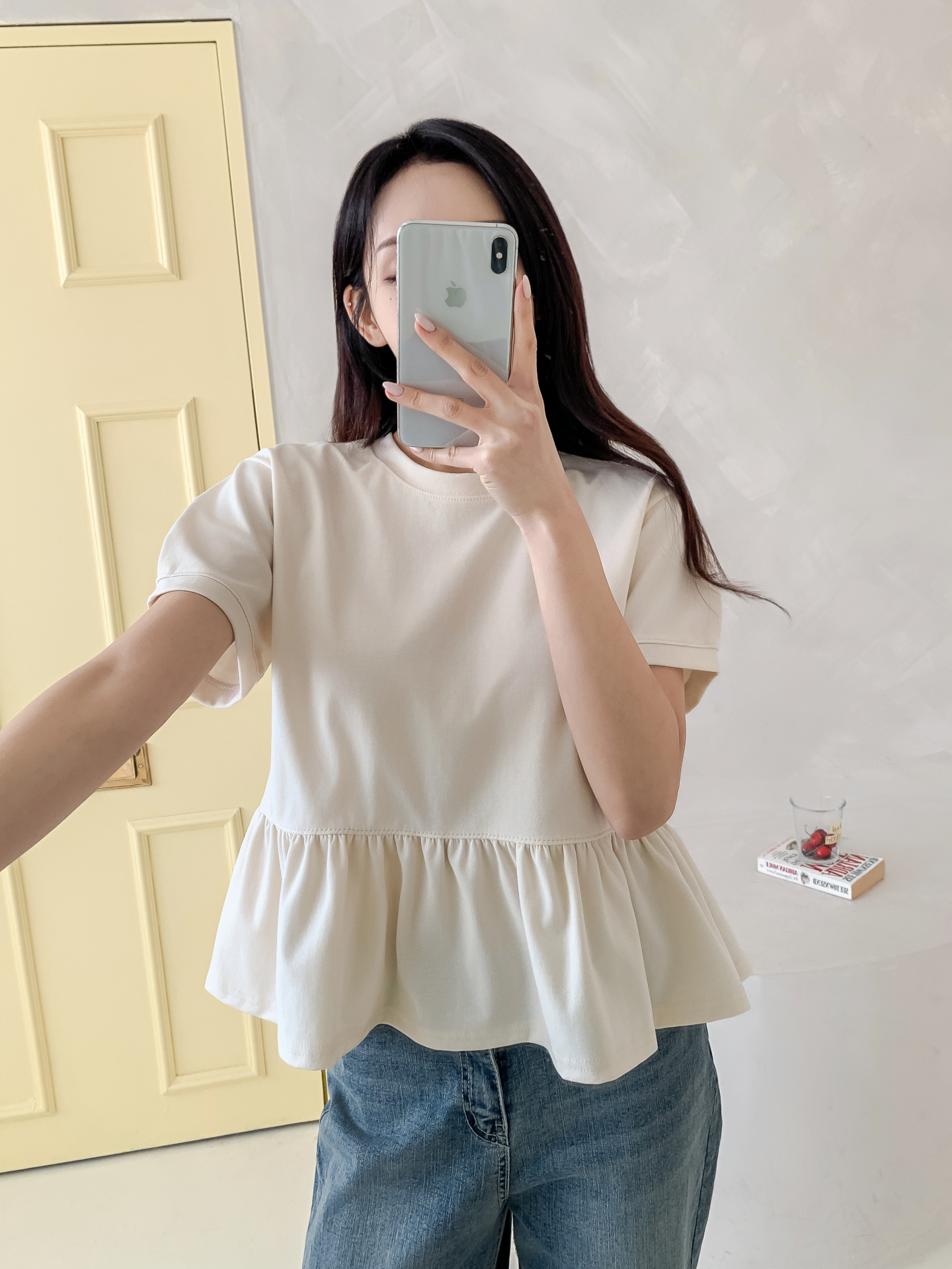 ラウンドネックパフスリーブルーズ半袖ギャザーフレアセミクロップド無地ブラウス | 詳細画像15