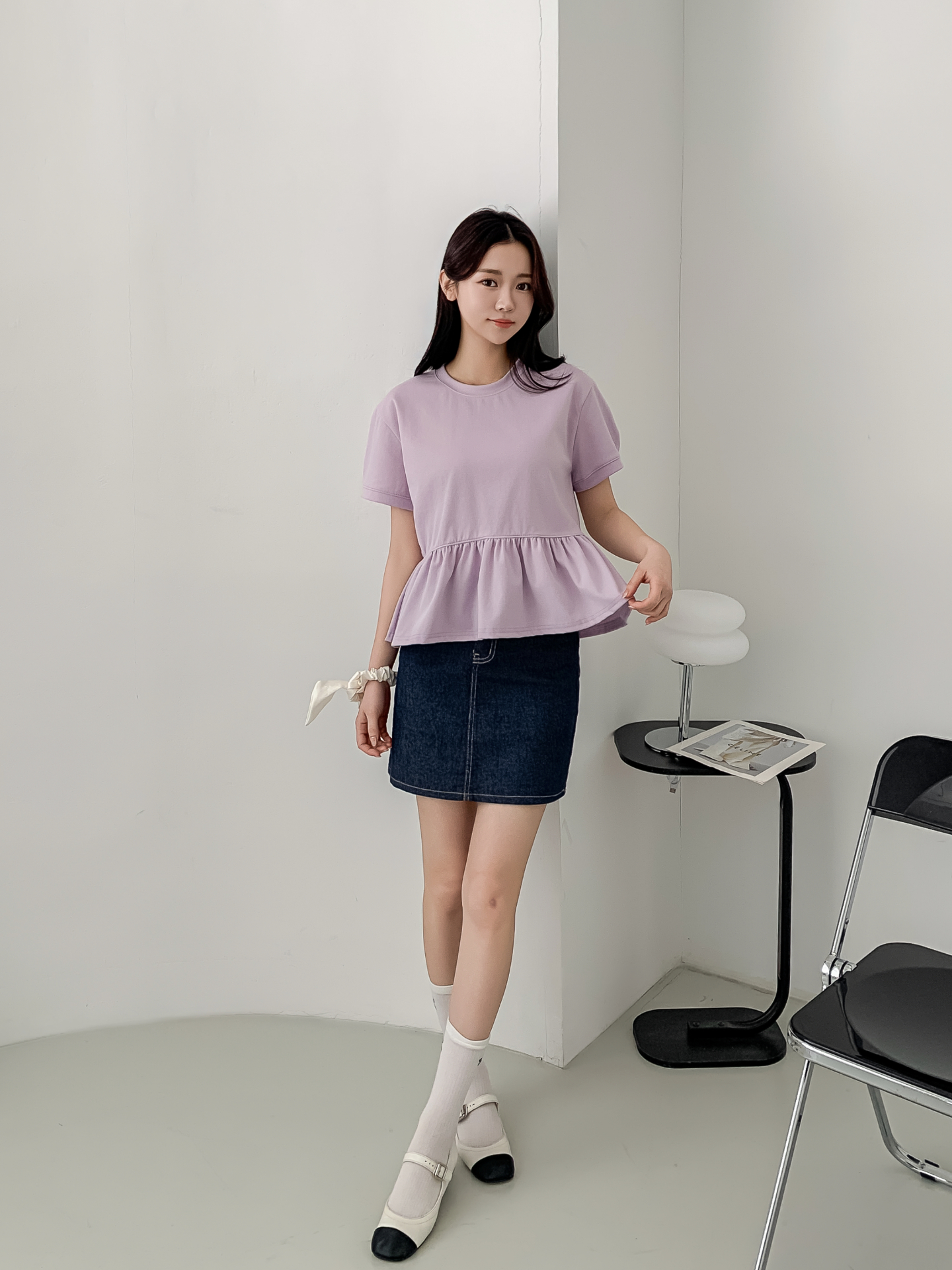 ラウンドネックパフスリーブルーズ半袖ギャザーフレアセミクロップド無地ブラウス | 詳細画像17