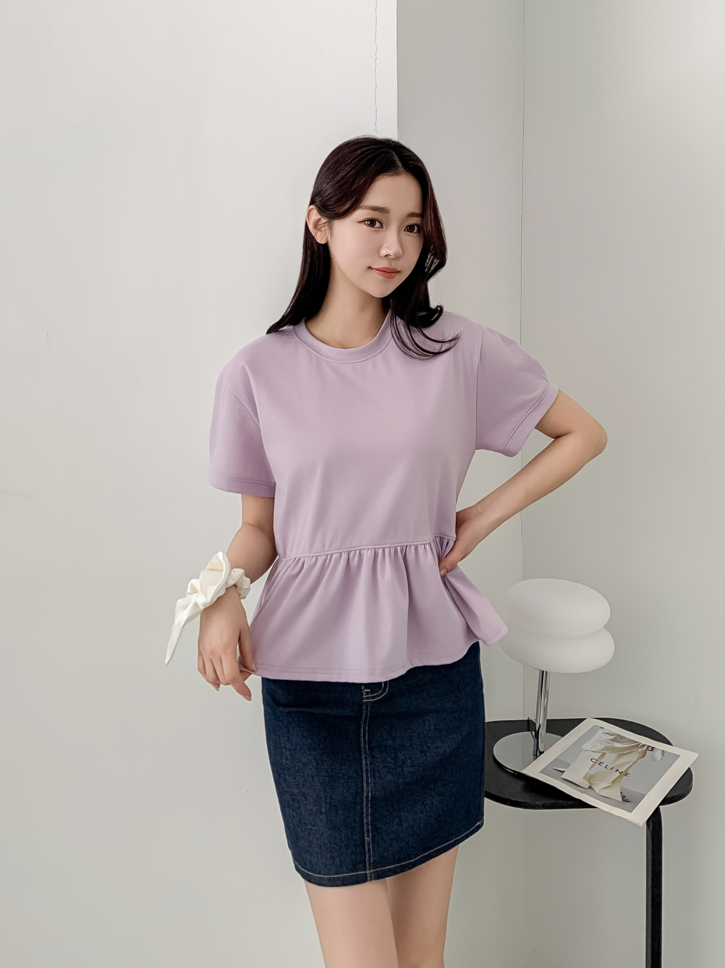 ラウンドネックパフスリーブルーズ半袖ギャザーフレアセミクロップド無地ブラウス | 詳細画像18