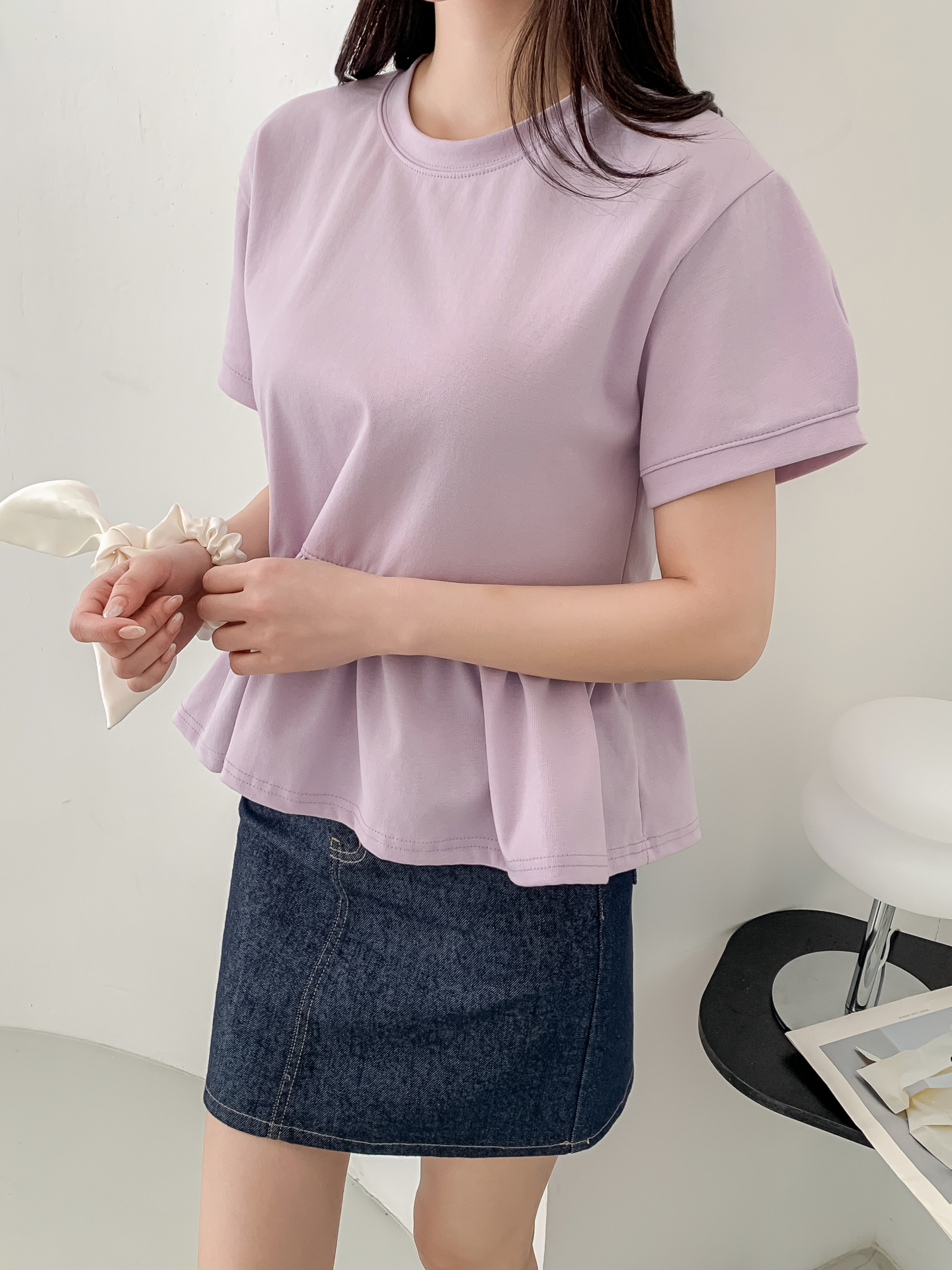 ラウンドネックパフスリーブルーズ半袖ギャザーフレアセミクロップド無地ブラウス | 詳細画像23