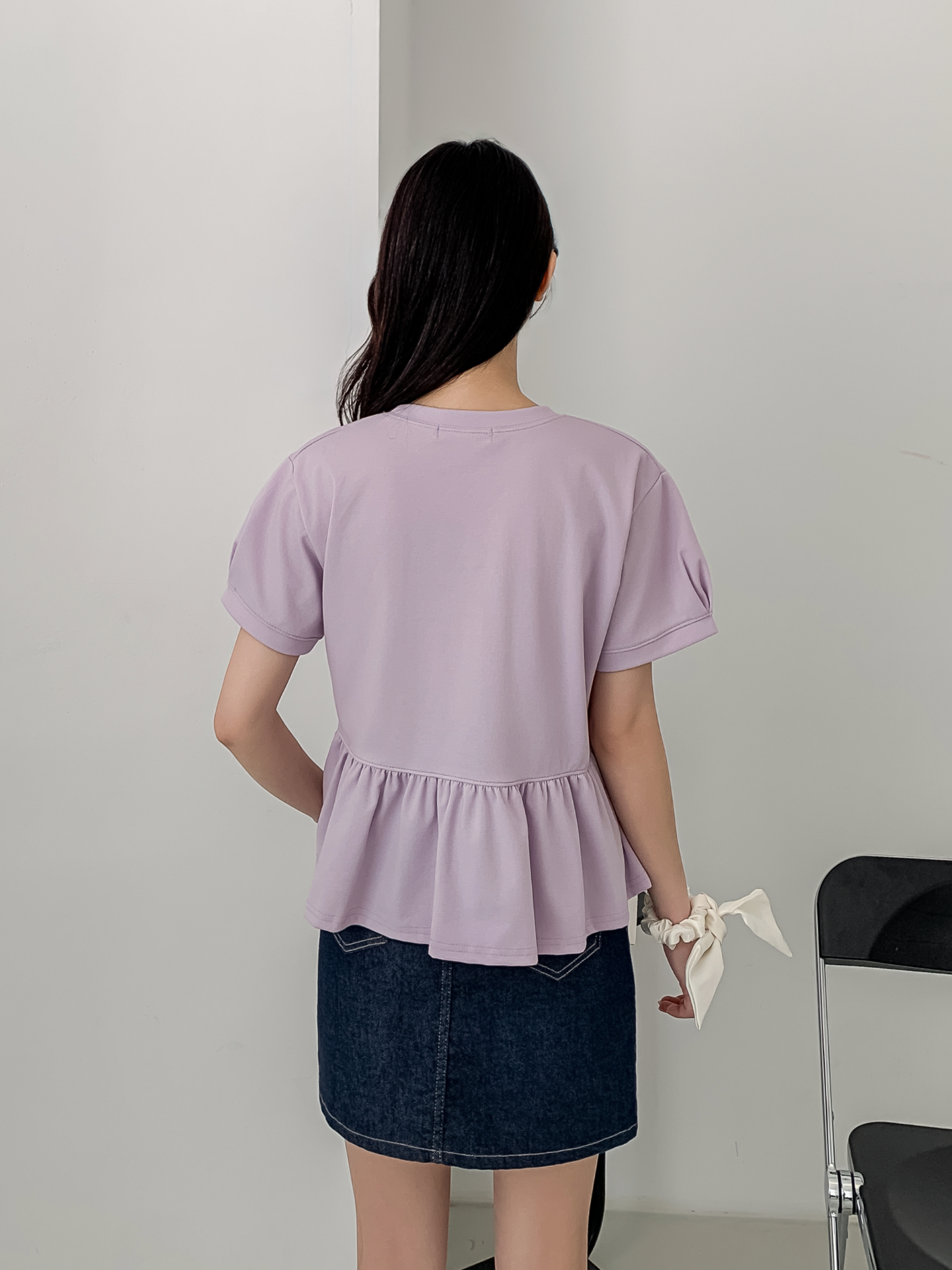 ラウンドネックパフスリーブルーズ半袖ギャザーフレアセミクロップド無地ブラウス | 詳細画像19