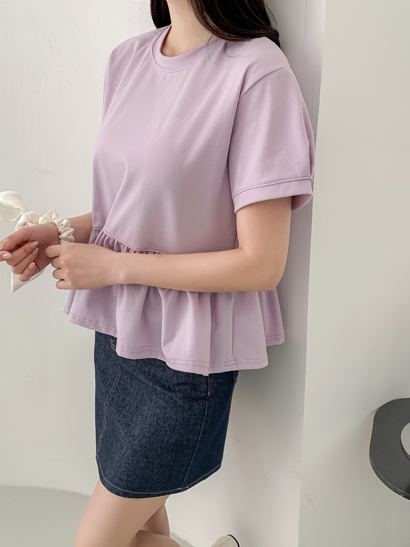 ラウンドネックパフスリーブルーズ半袖ギャザーフレアセミクロップド無地ブラウス | 詳細画像25