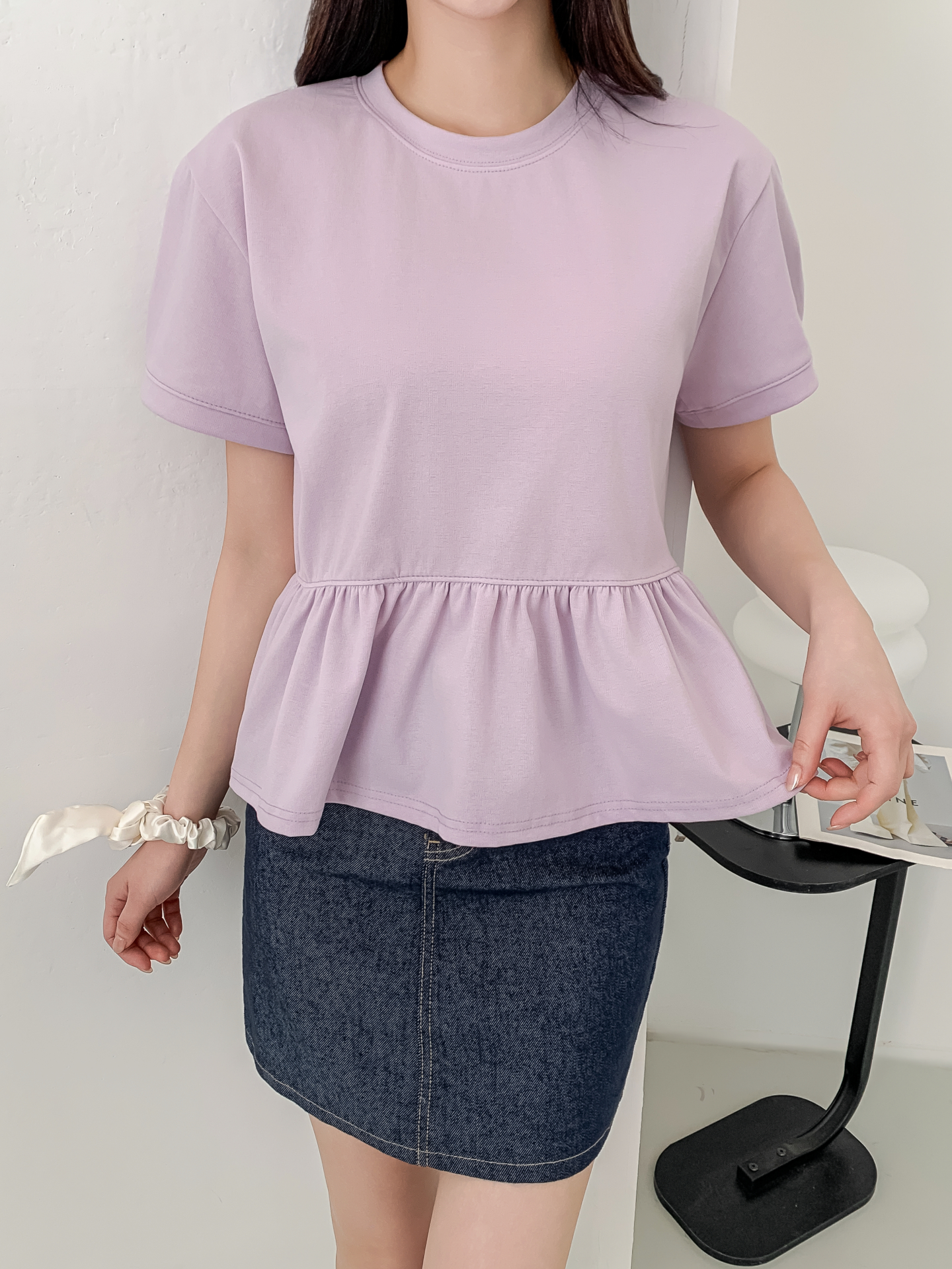 ラウンドネックパフスリーブルーズ半袖ギャザーフレアセミクロップド無地ブラウス | 詳細画像26