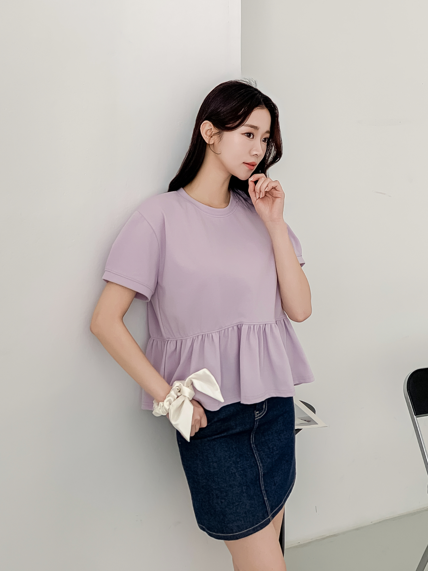 ラウンドネックパフスリーブルーズ半袖ギャザーフレアセミクロップド無地ブラウス | 詳細画像20