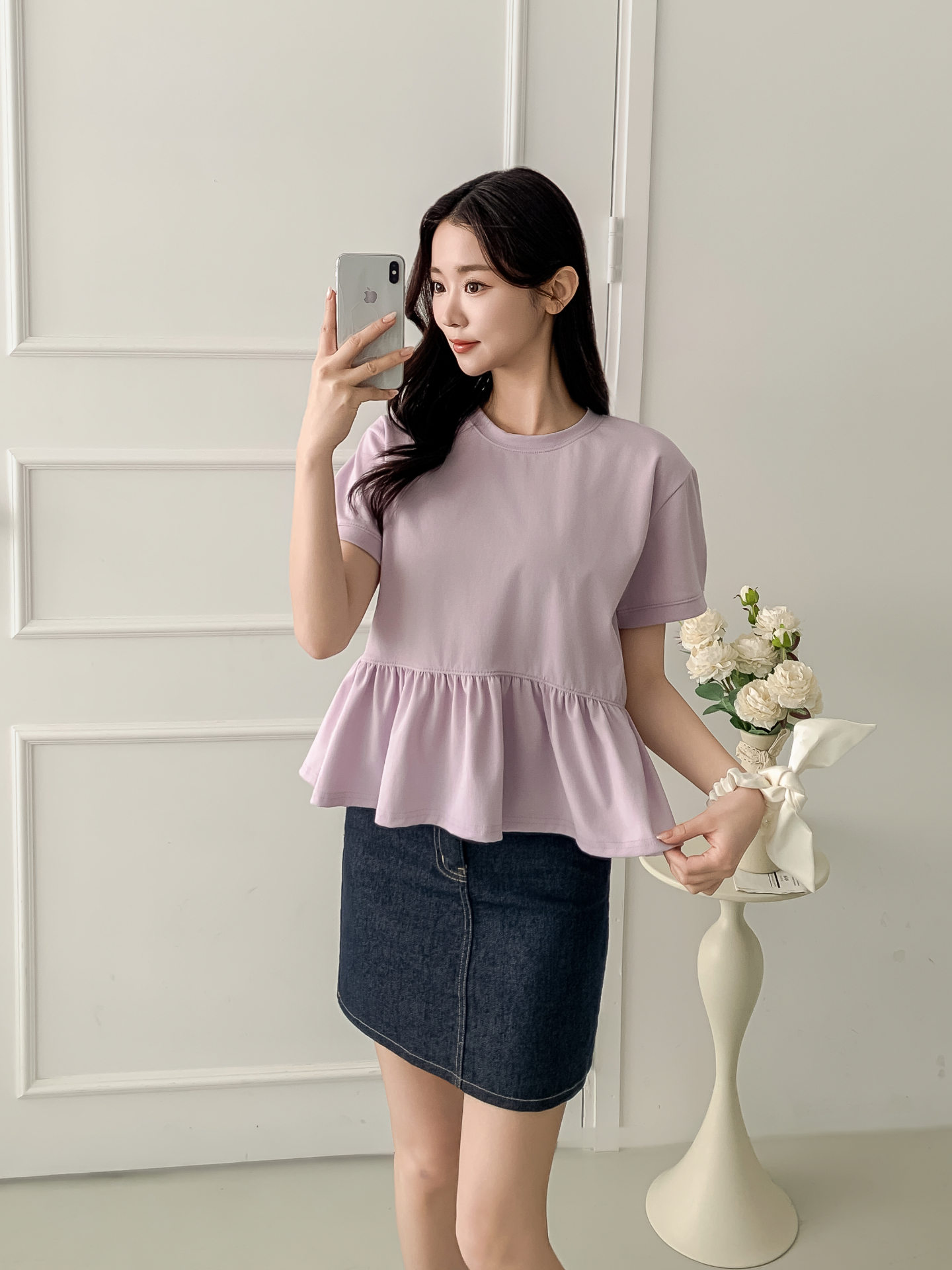 ラウンドネックパフスリーブルーズ半袖ギャザーフレアセミクロップド無地ブラウス | 詳細画像22