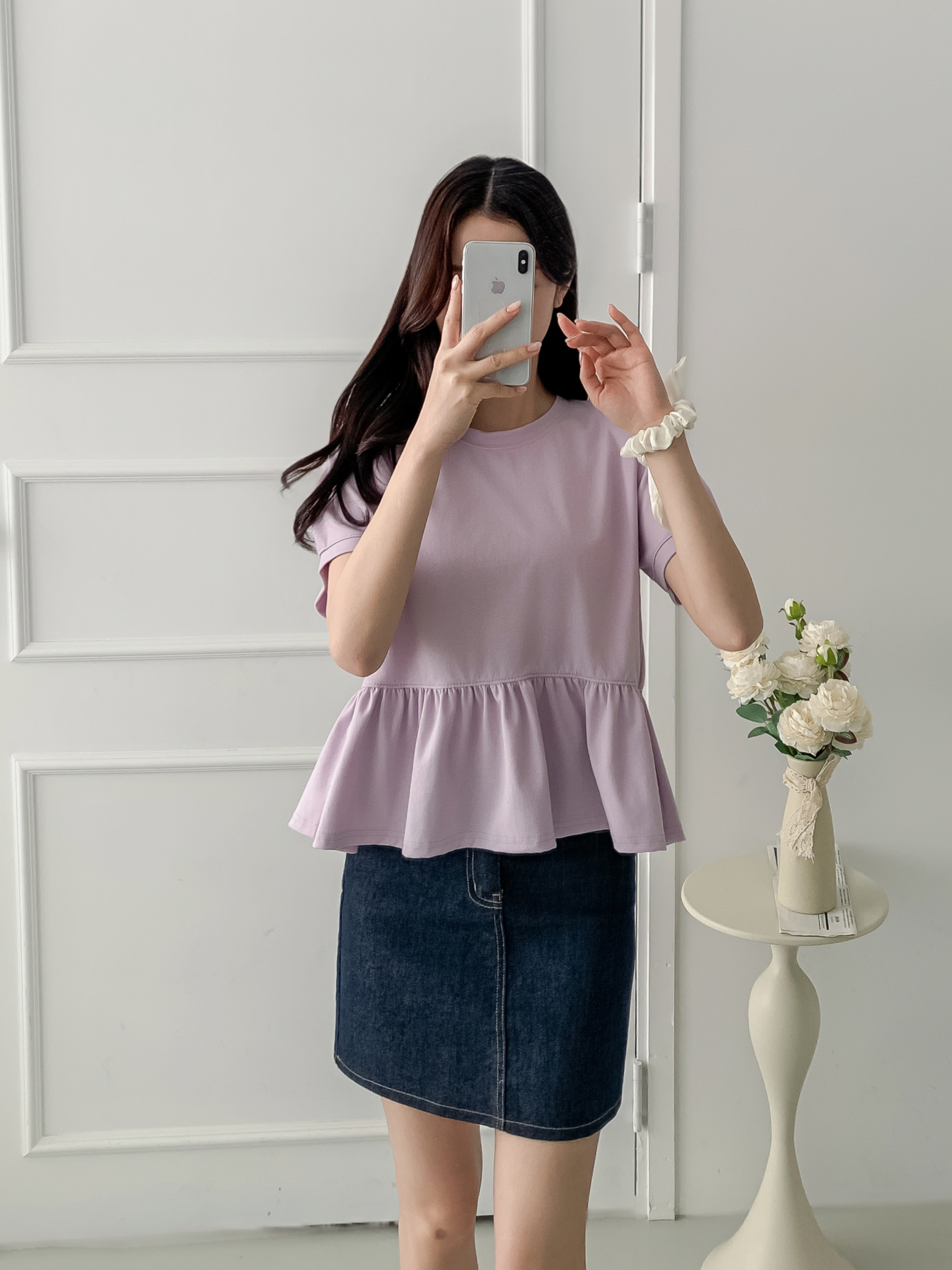 ラウンドネックパフスリーブルーズ半袖ギャザーフレアセミクロップド無地ブラウス | 詳細画像31