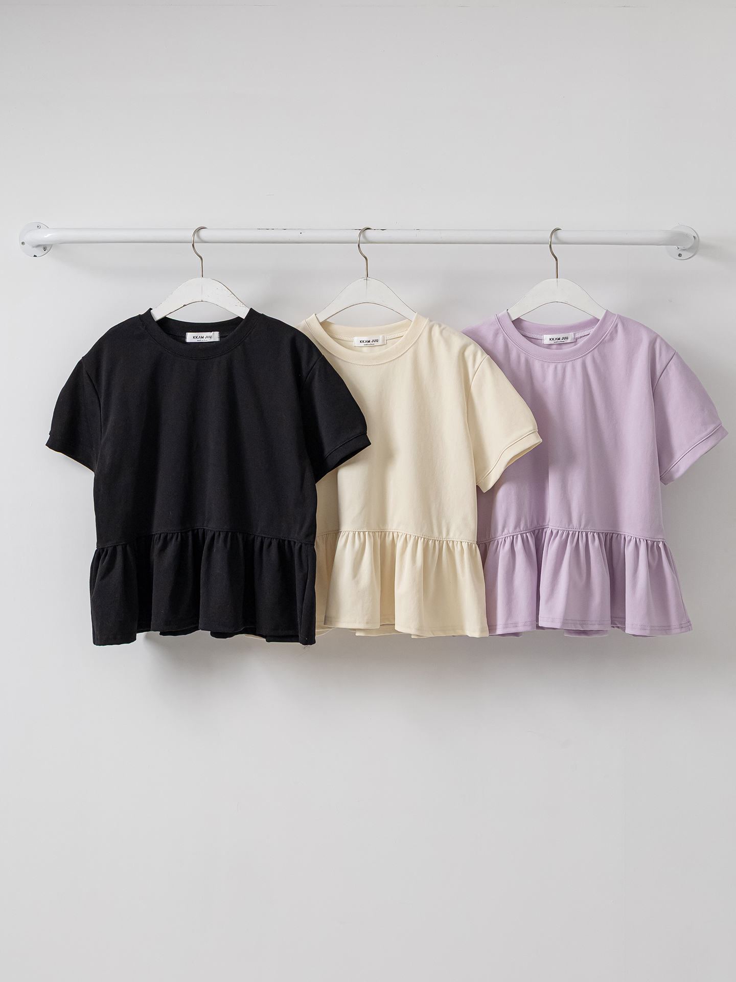 ラウンドネックパフスリーブルーズ半袖ギャザーフレアセミクロップド無地ブラウス | 詳細画像32