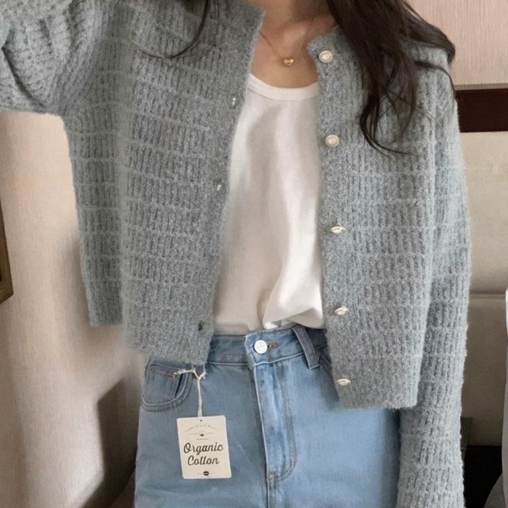 ラウンドネックパール調ボタンルーズ長袖セミクロップドカーディガン | 詳細画像7