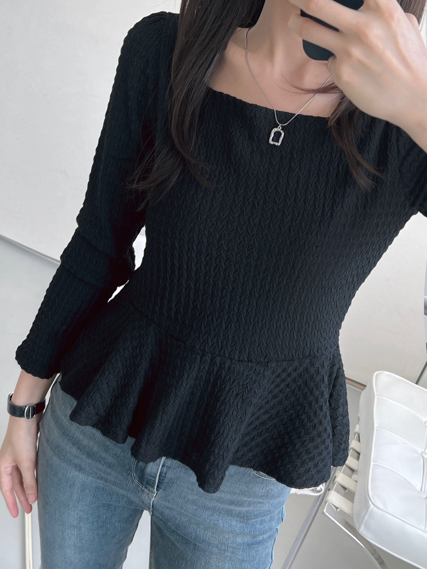 スクエアネックパフスリーブ長袖フレアセミクロップドケーブルTシャツ | 詳細画像2