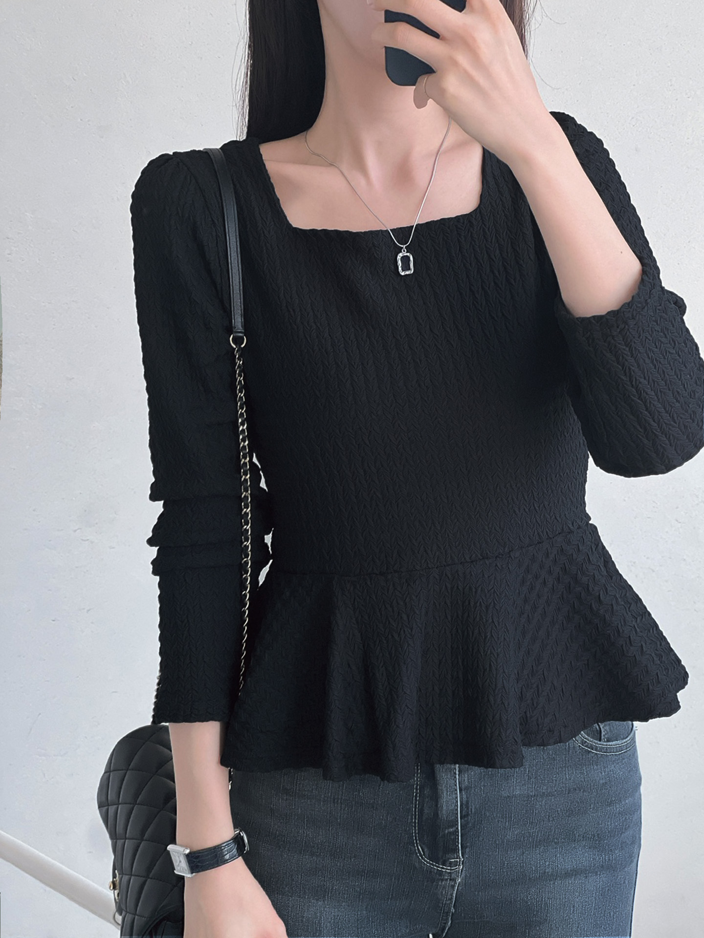 スクエアネックパフスリーブ長袖フレアセミクロップドケーブルTシャツ | 詳細画像3