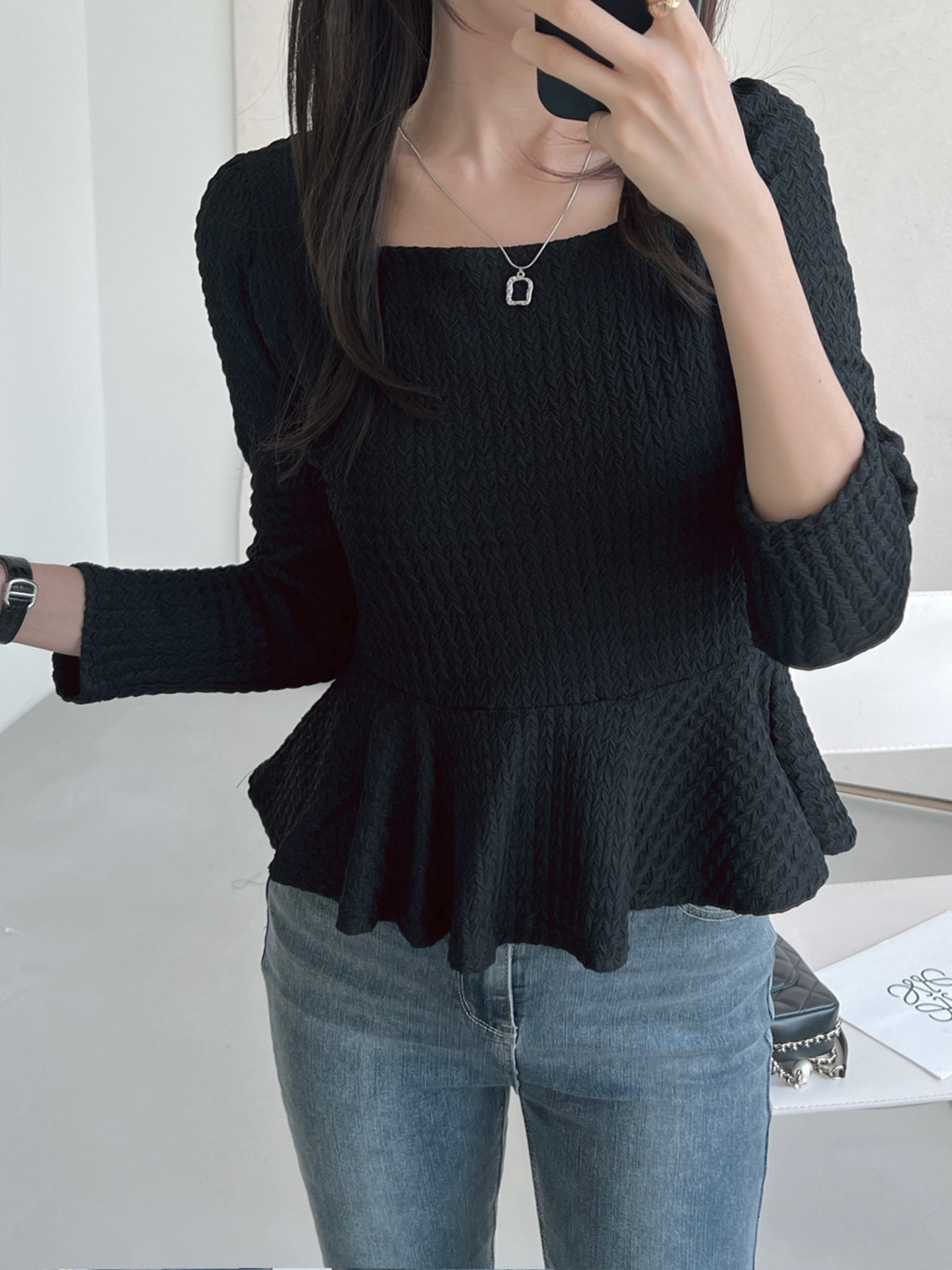 スクエアネックパフスリーブ長袖フレアセミクロップドケーブルTシャツ | 詳細画像4