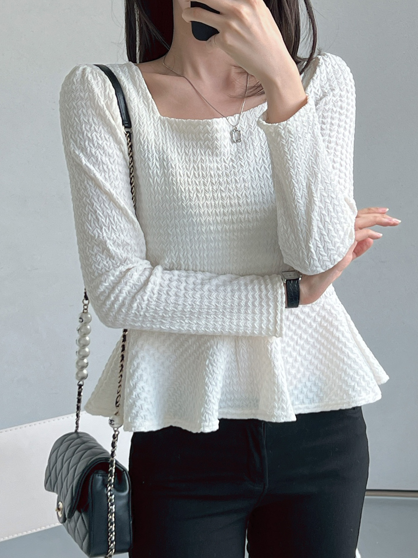 スクエアネックパフスリーブ長袖フレアセミクロップドケーブルTシャツ | 詳細画像6