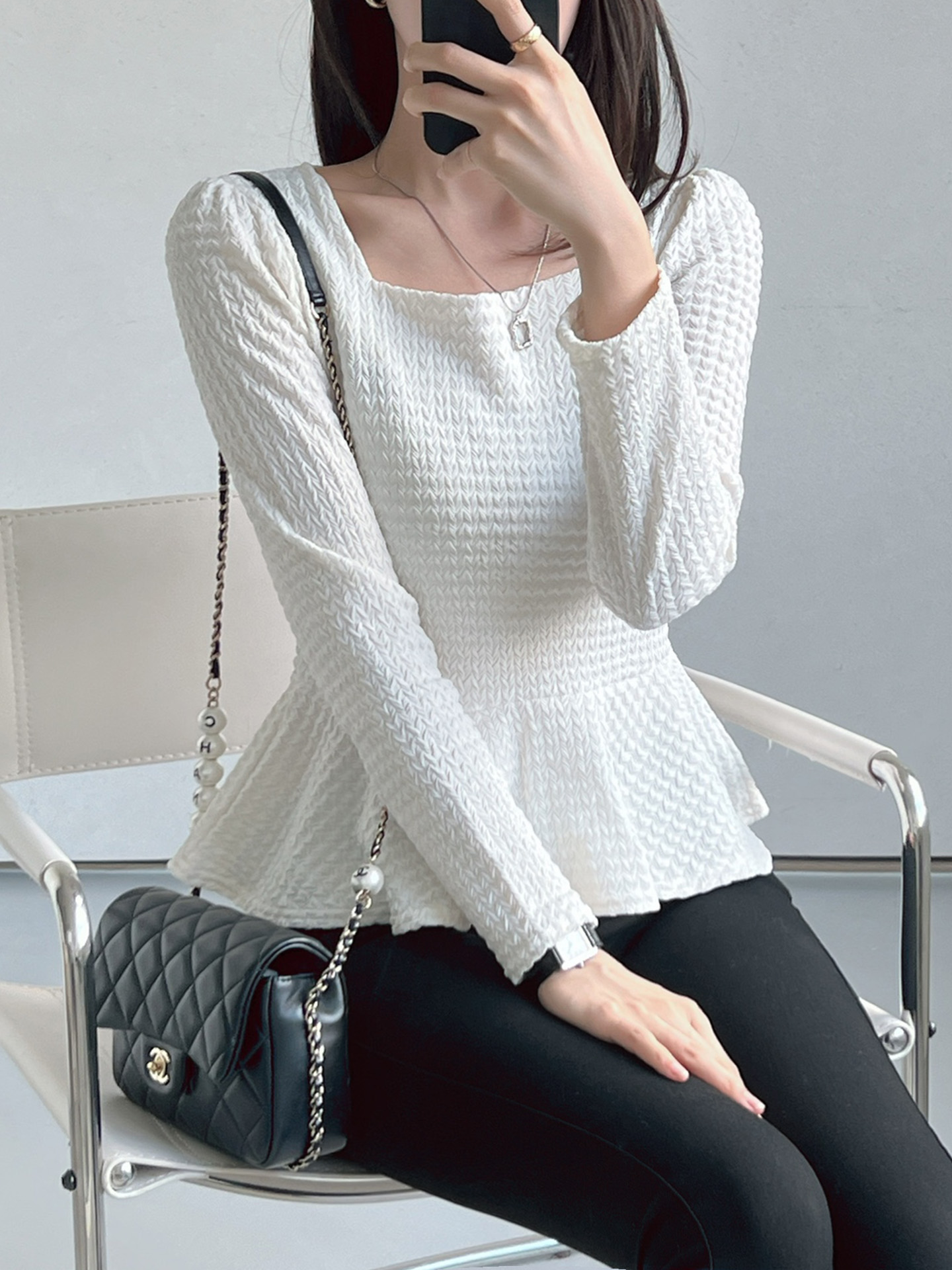 スクエアネックパフスリーブ長袖フレアセミクロップドケーブルTシャツ | 詳細画像7