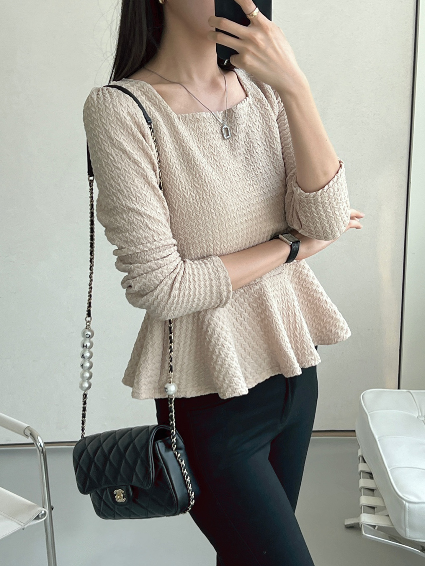 スクエアネックパフスリーブ長袖フレアセミクロップドケーブルTシャツ | 詳細画像8