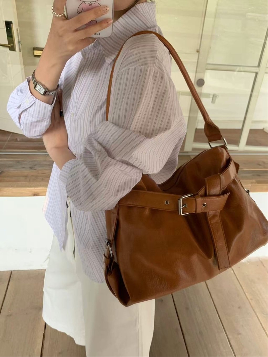 レザー調ジップアップベルトビッグトートバッグ | 詳細画像10