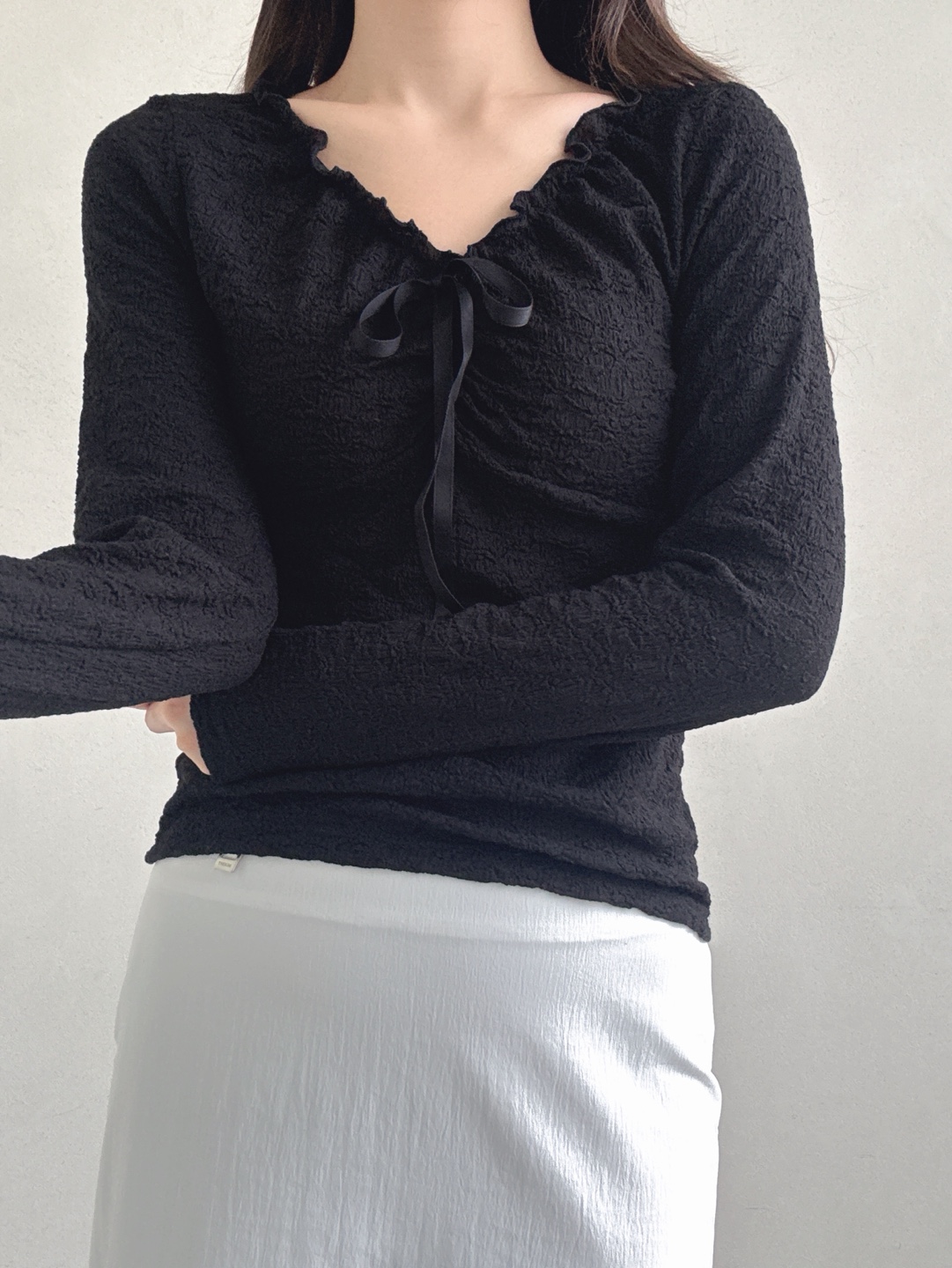 ドローストリングラインベーシック長袖フリル ネックレースTシャツ | 詳細画像13