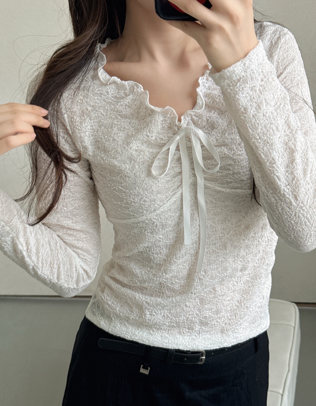 ドローストリングラインベーシック長袖フリル ネックレースTシャツ | 詳細画像2