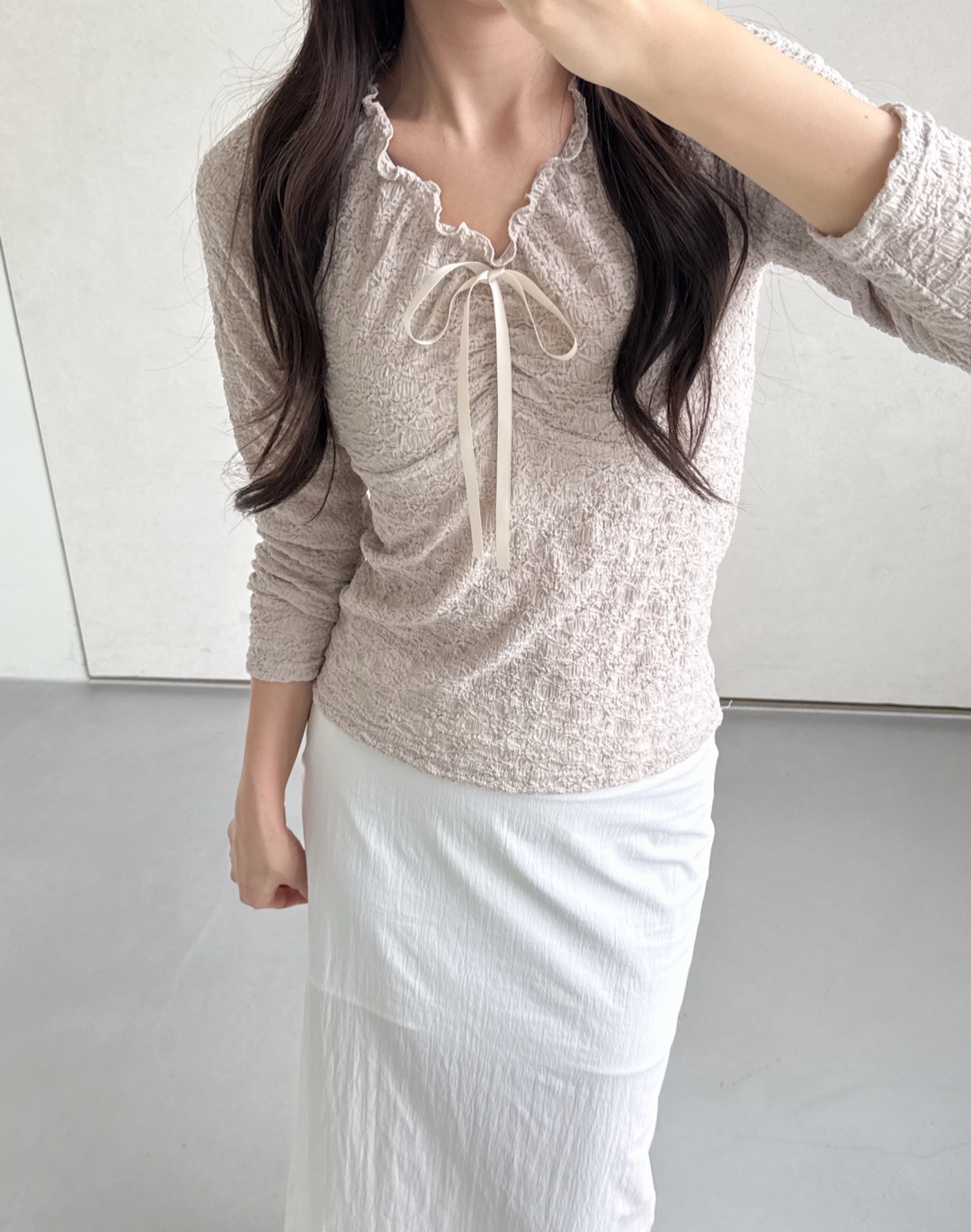 ドローストリングラインベーシック長袖フリル ネックレースTシャツ | 詳細画像6