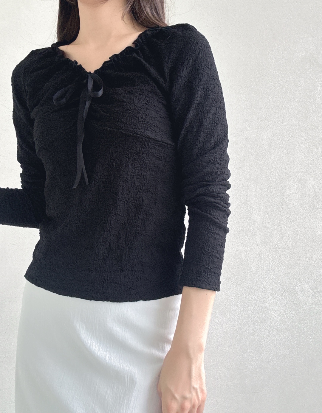 ドローストリングラインベーシック長袖フリル ネックレースTシャツ | 詳細画像15