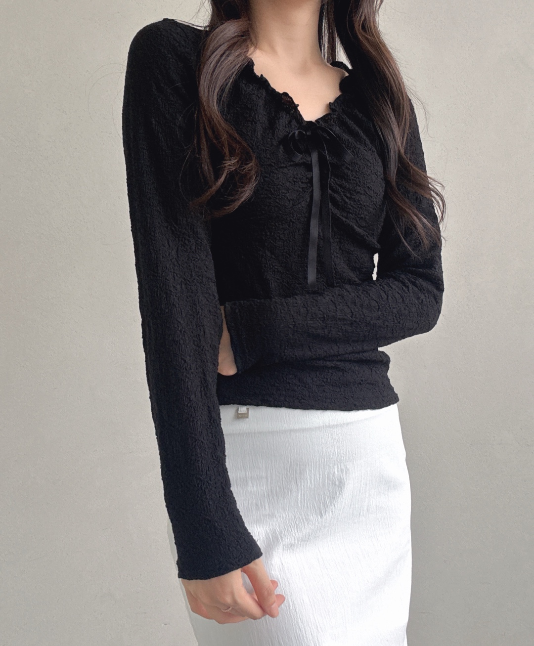 ドローストリングラインベーシック長袖フリル ネックレースTシャツ | 詳細画像12