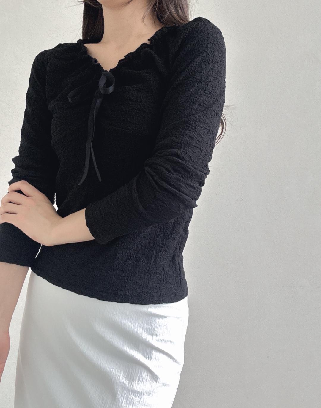 ドローストリングラインベーシック長袖フリル ネックレースTシャツ | 詳細画像14