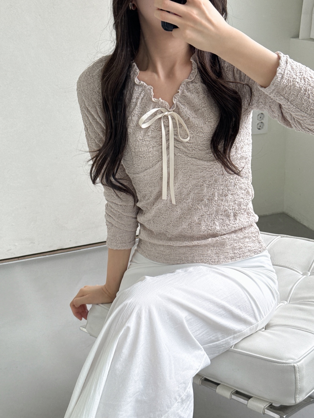 ドローストリングラインベーシック長袖フリル ネックレースTシャツ | 詳細画像7