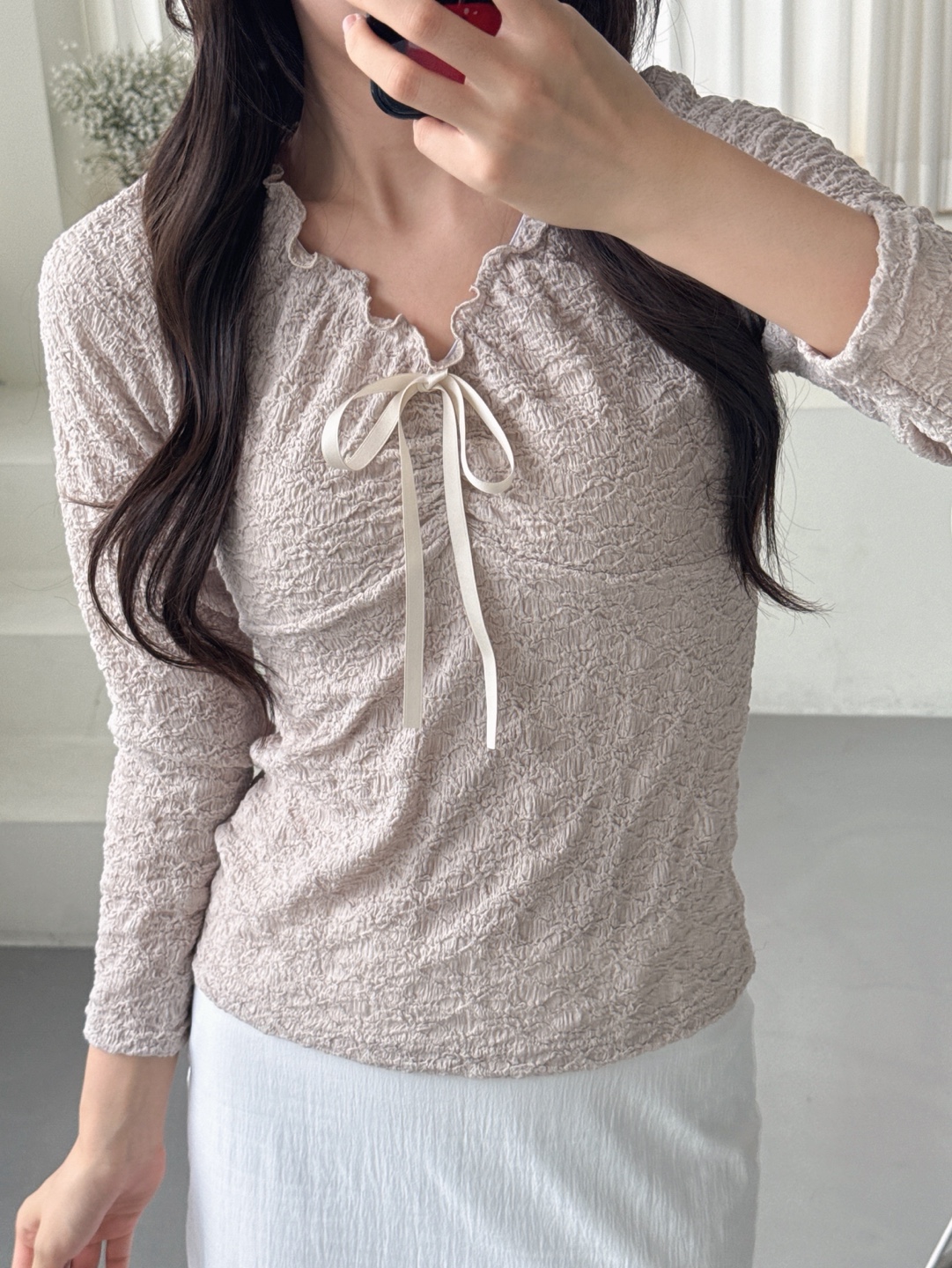 ドローストリングラインベーシック長袖フリル ネックレースTシャツ | 詳細画像8