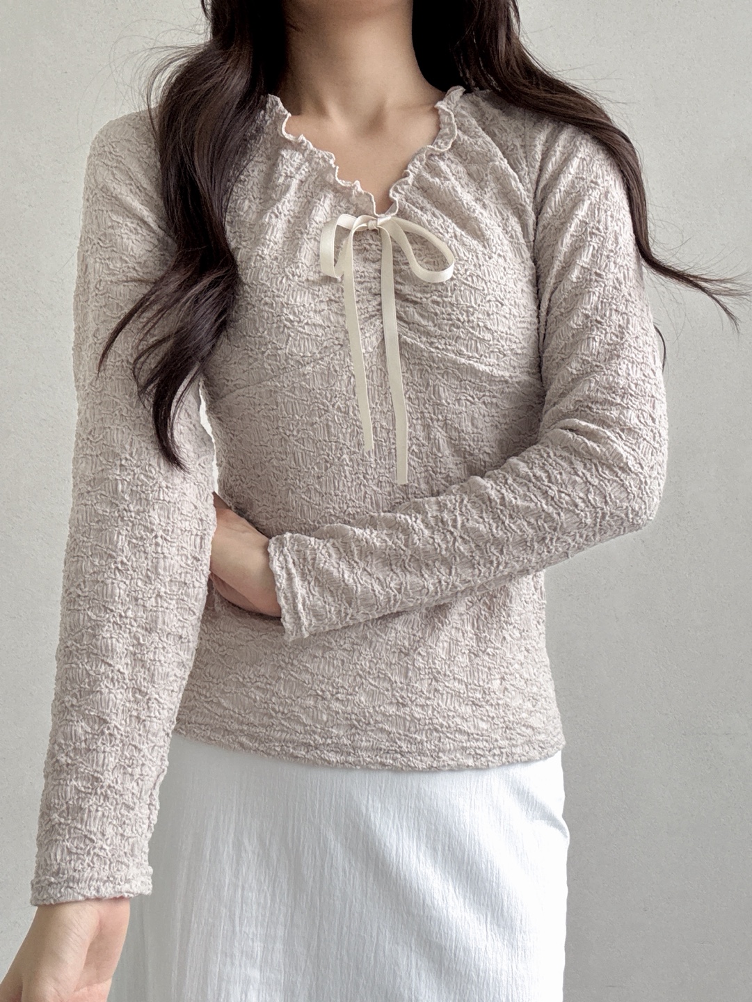 ドローストリングラインベーシック長袖フリル ネックレースTシャツ | 詳細画像9