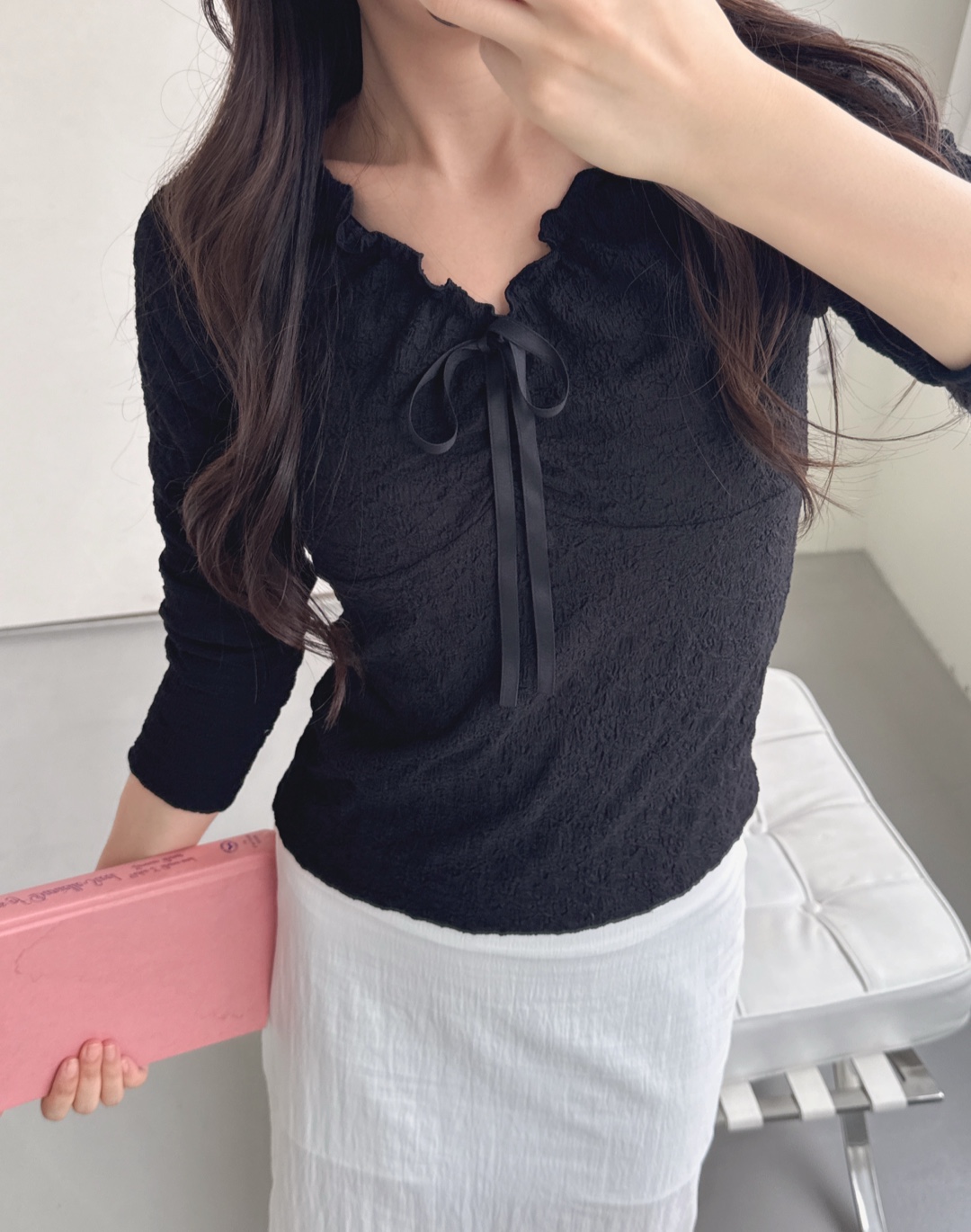 ドローストリングラインベーシック長袖フリル ネックレースTシャツ | 詳細画像22