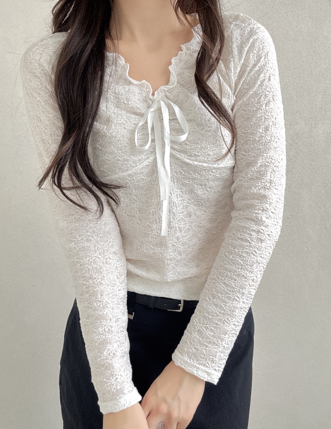 ドローストリングラインベーシック長袖フリル ネックレースTシャツ | 詳細画像5