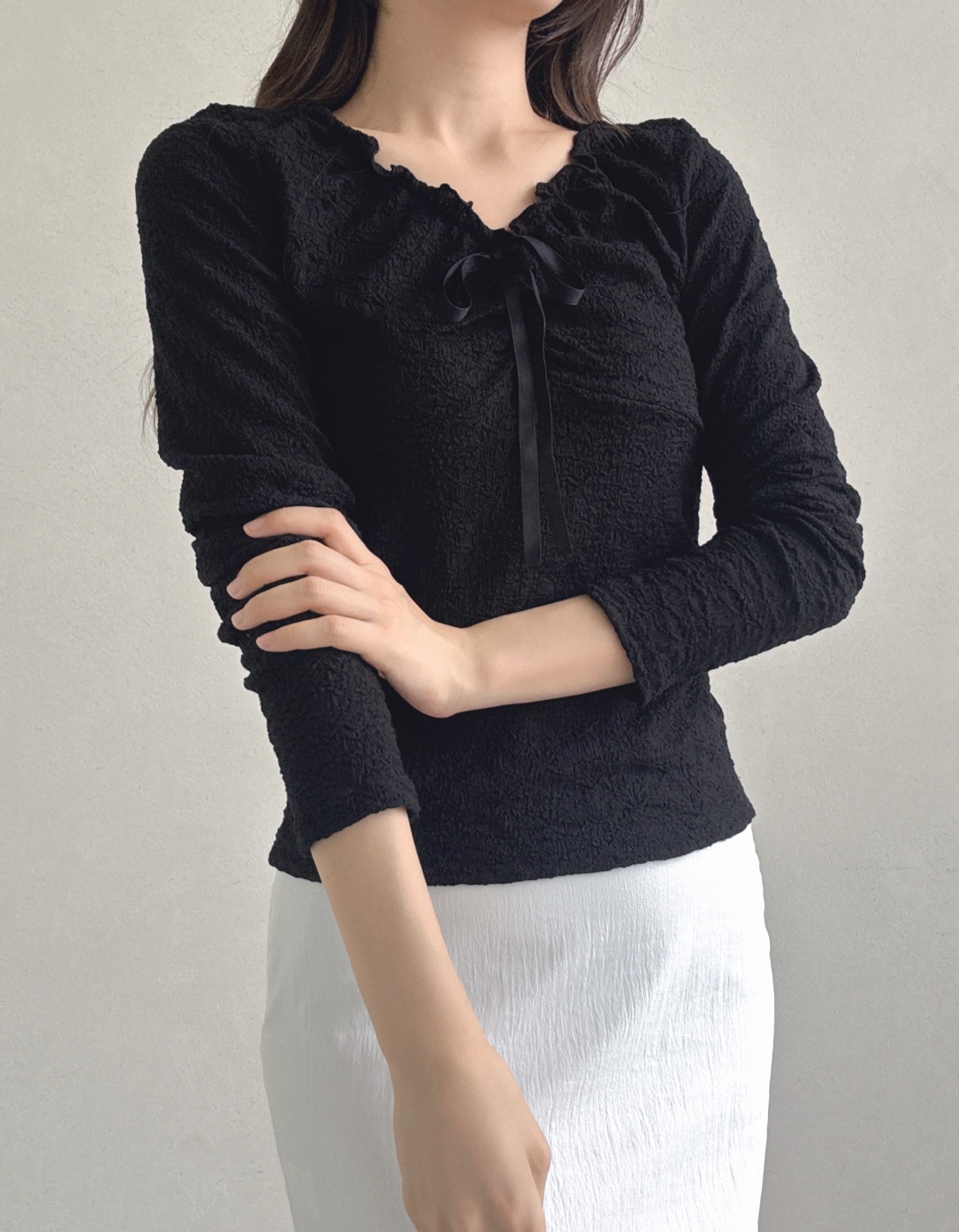 ドローストリングラインベーシック長袖フリル ネックレースTシャツ | 詳細画像16