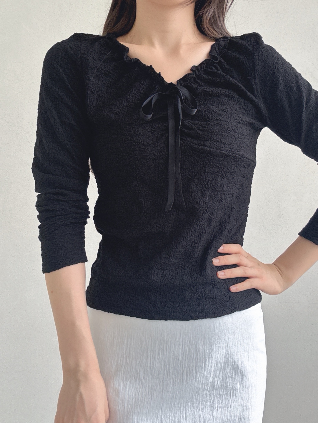 ドローストリングラインベーシック長袖フリル ネックレースTシャツ | 詳細画像17