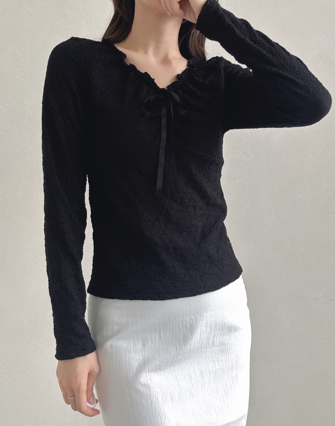 ドローストリングラインベーシック長袖フリル ネックレースTシャツ | 詳細画像18