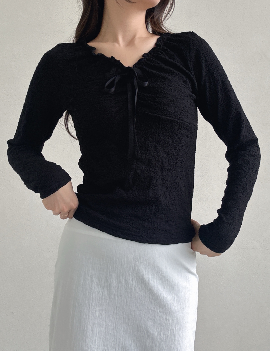 ドローストリングラインベーシック長袖フリル ネックレースTシャツ | 詳細画像19