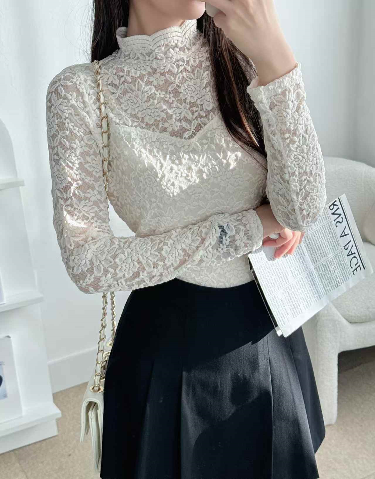 花柄レースハーフネックラインベーシック長袖後ボタン花柄Tシャツ | 詳細画像2