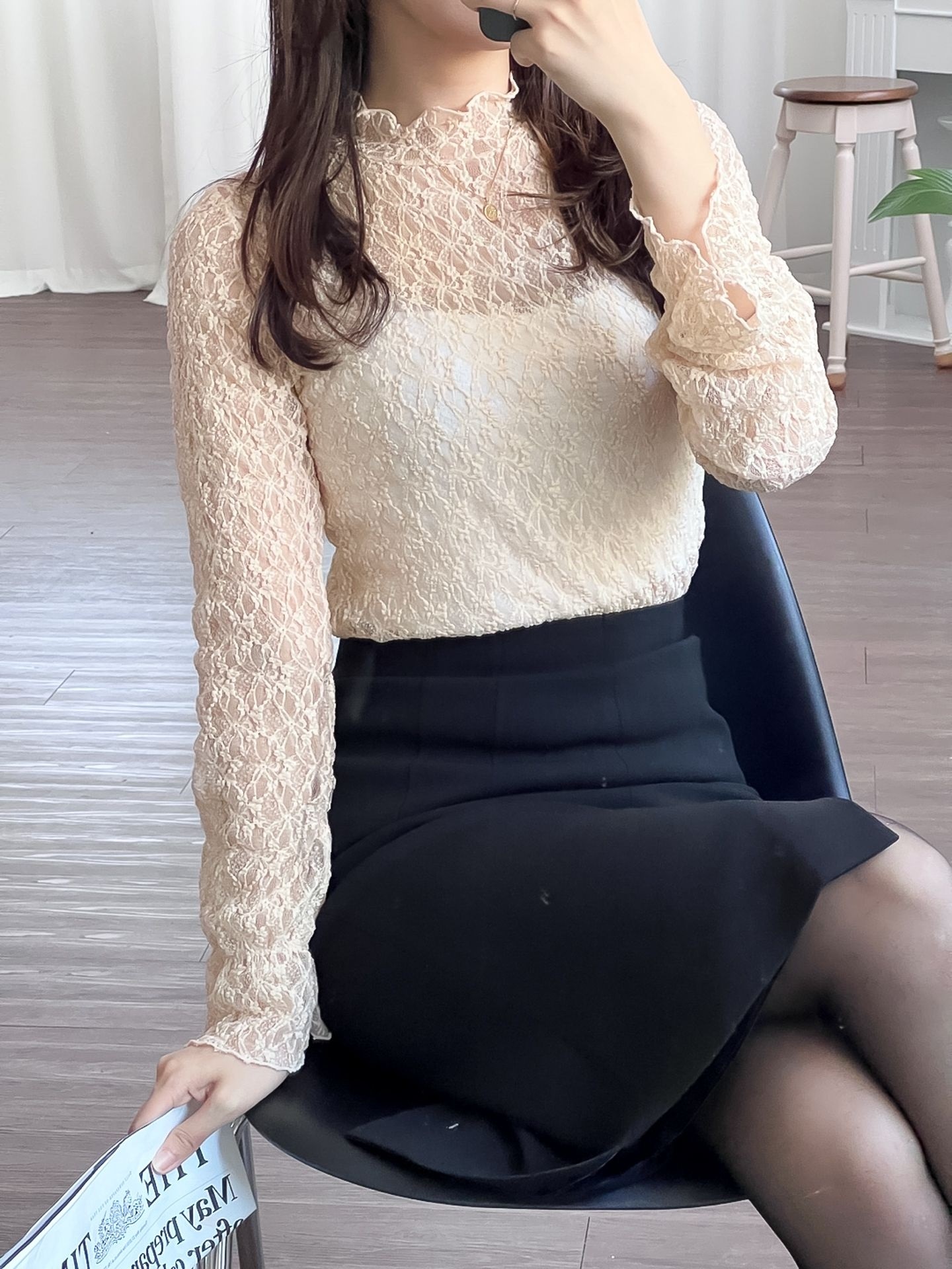 レースシースルーハーフネックベーシック長袖フリル ネック花柄Tシャツ | 詳細画像8