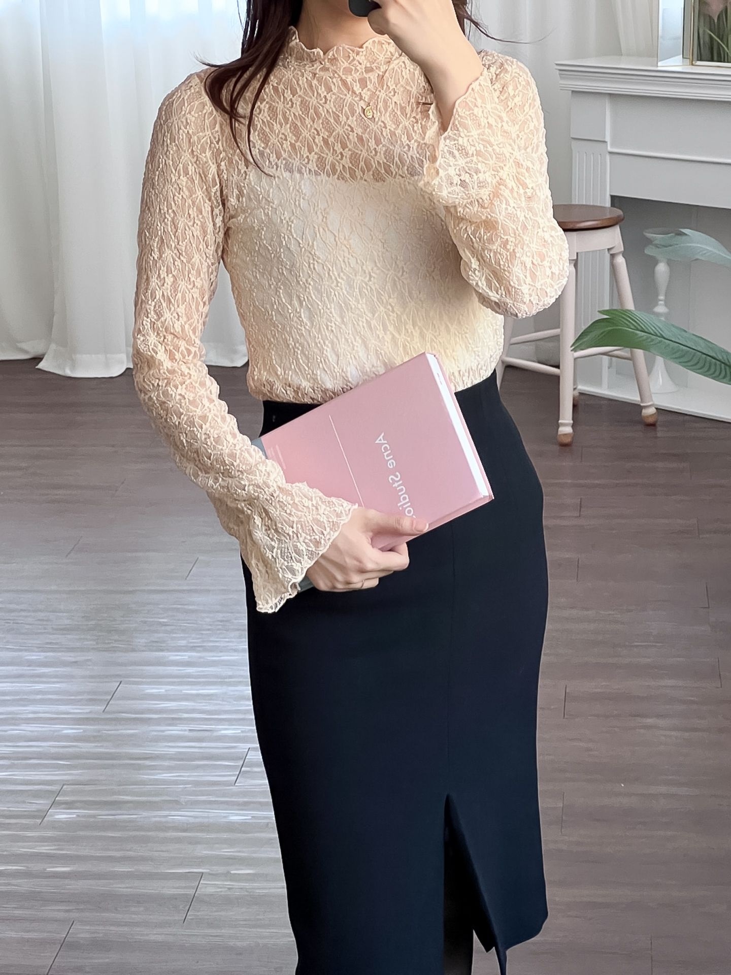 レースシースルーハーフネックベーシック長袖フリル ネック花柄Tシャツ | 詳細画像9