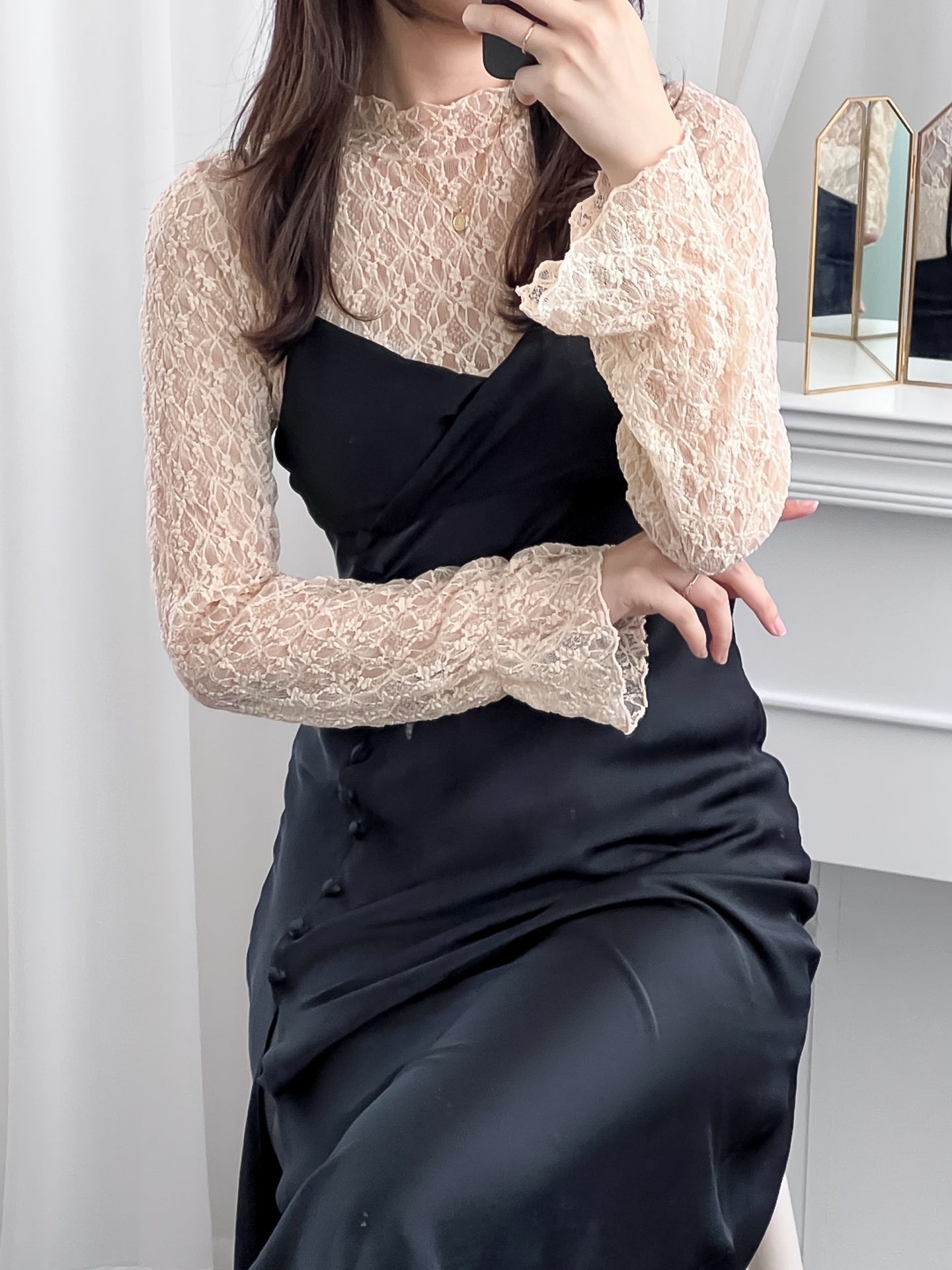 レースシースルーハーフネックベーシック長袖フリル ネック花柄Tシャツ | 詳細画像11