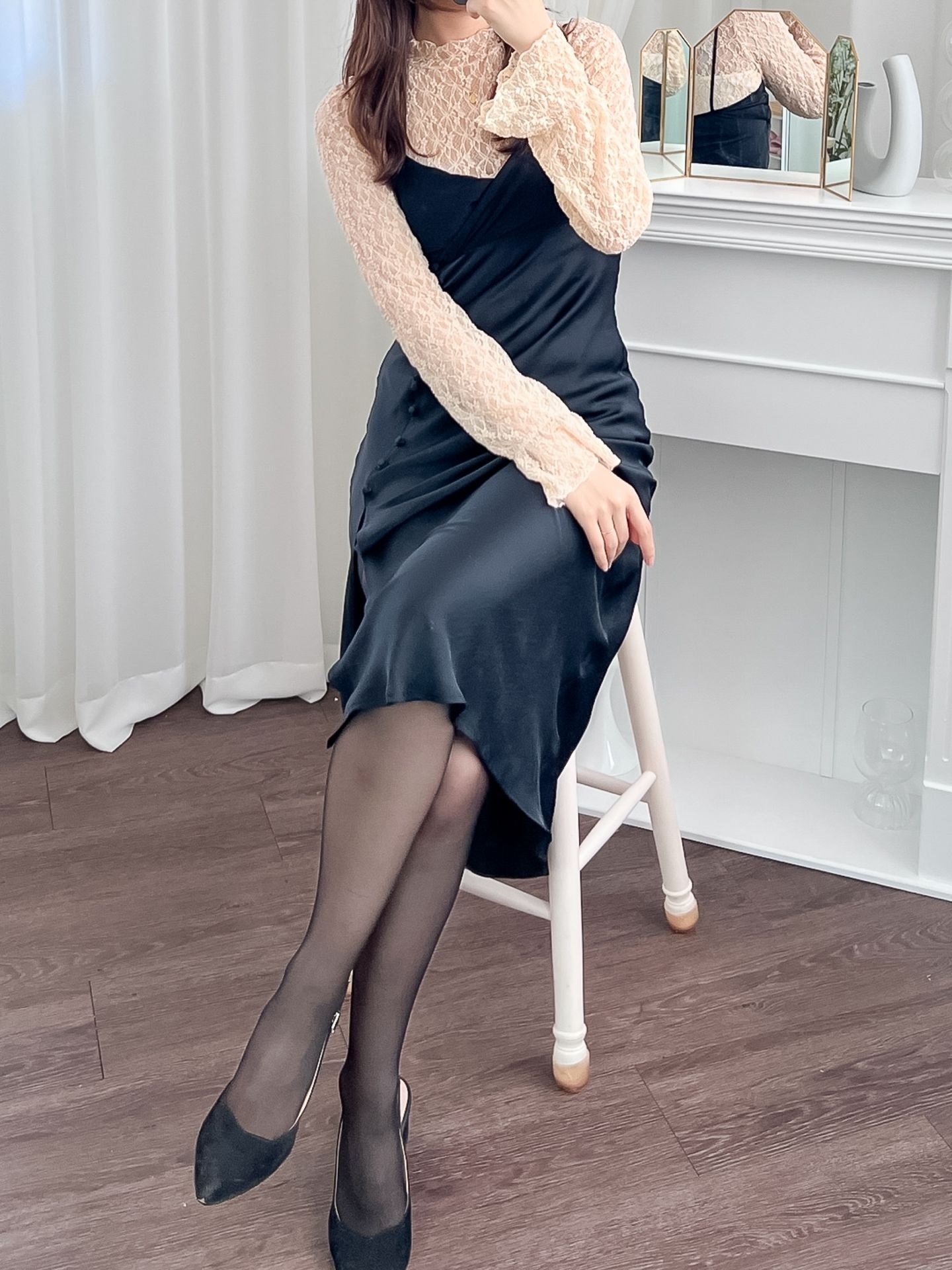 レースシースルーハーフネックベーシック長袖フリル ネック花柄Tシャツ | 詳細画像12