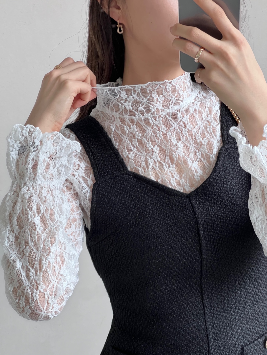 レースシースルーハーフネックベーシック長袖フリル ネック花柄Tシャツ | 詳細画像13